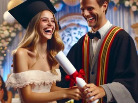 Uma cena de formatura, mostrando uma mulher feliz e orgulhosa, vestida com beca e capelo de formatura, recebendo um diploma de um professor em frente (1)