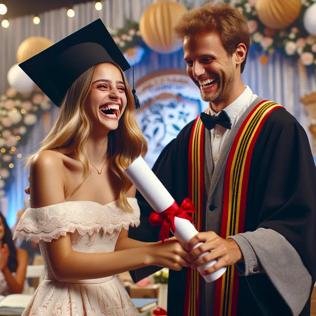 Uma cena de formatura, mostrando uma mulher feliz e orgulhosa, vestida com beca e capelo de formatura, recebendo um diploma de um professor em frente (1)